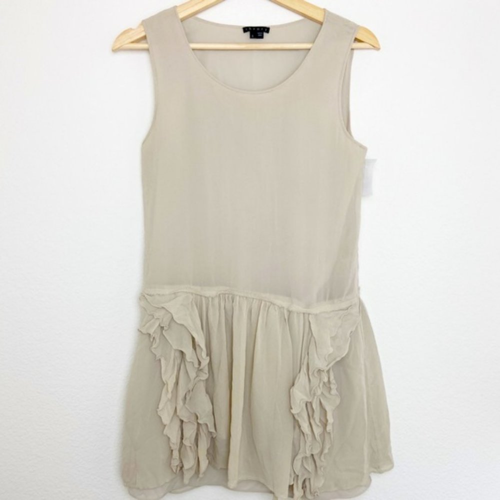 Theory Rinoe Georgette Beige Silk Ruffle Drop Waist Sleeveless Dress Size 0
